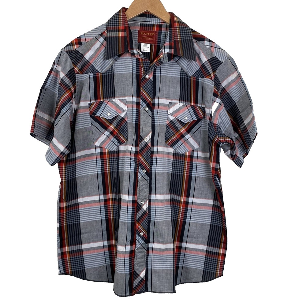 Rustler‎ Western Men's Size X-Large Black/Red Plaid Pearl Snaps Cowboy Shirt